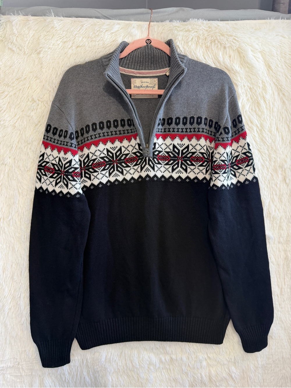 Weatherproof Vintage Fair Isle 1/4 Zip Pullover Sweater Size L Black Cabincore